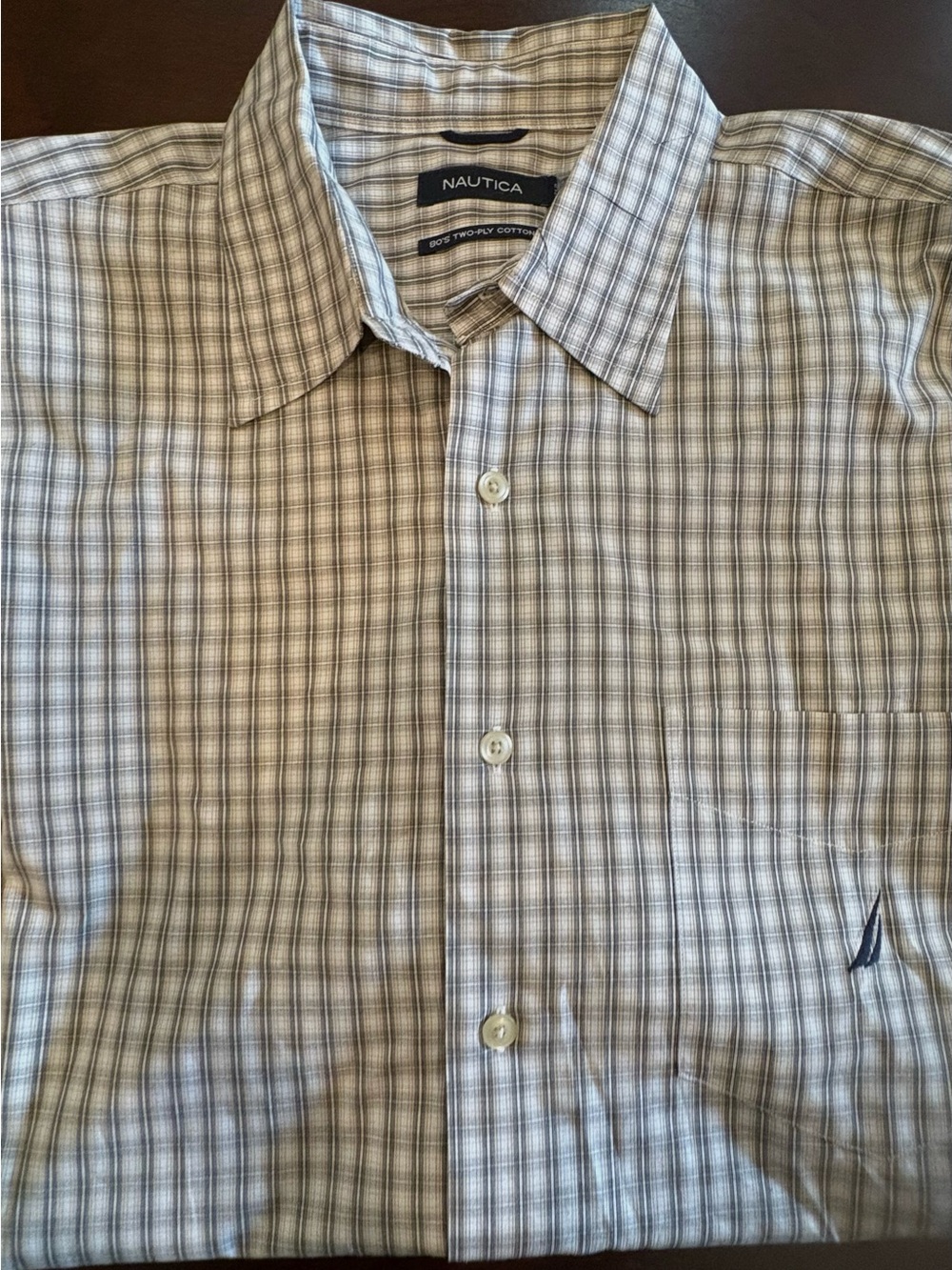 Nautica Men’s Blue and Gray Plaid Button-Down Shirt